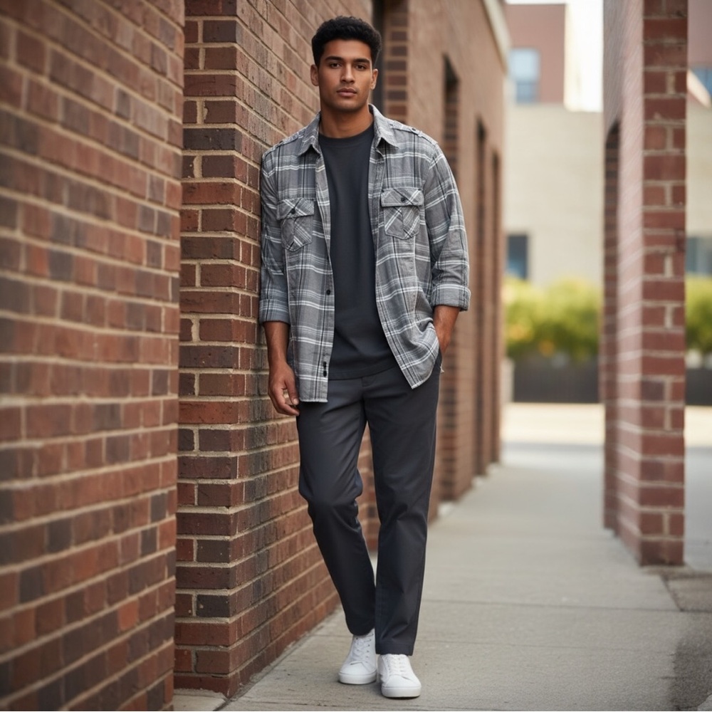 BKE Gray and White Plaid Shirt